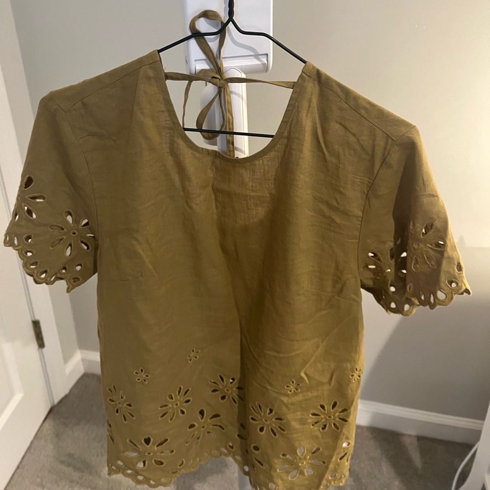 madewell brown blouse flower cutouts